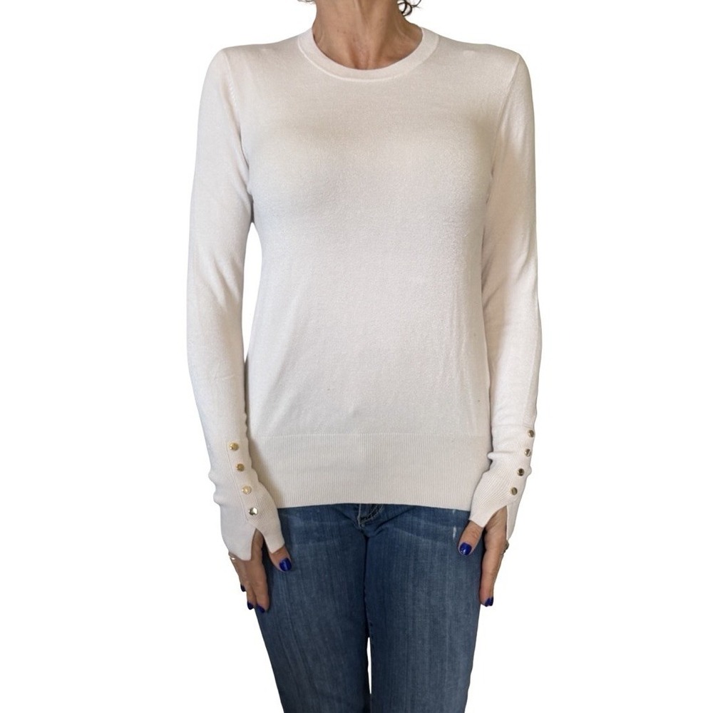 ZARA KNIT BASIC SWEATER TOP ECRU IVORY GOLD CUFF LONG SLEEVE PULLOVER MEDIUM